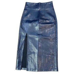TOPSHOP Blue Croc Embossed Faux Leather Front Side‎ Slit Pencil Skirt Sz 2 #29